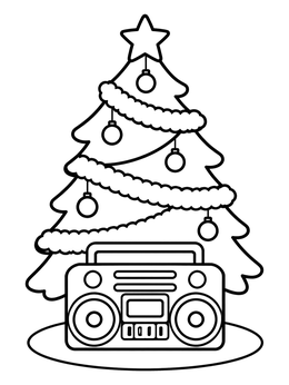 Free printable Retro Boombox By Christmas Tree coloring page