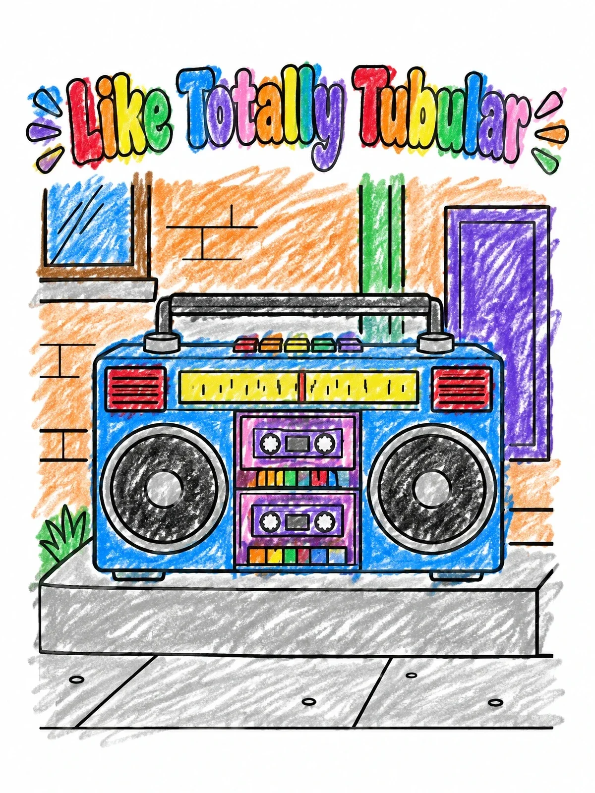 Colored example of the Retro Boombox On City Steps coloring page