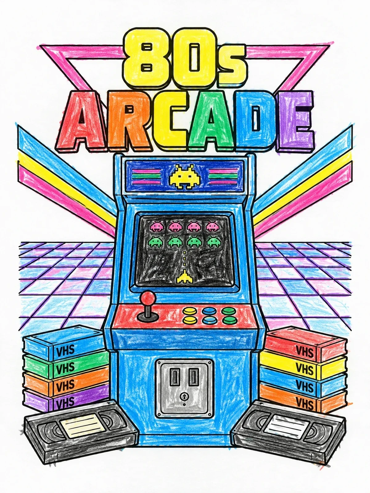 Colored example of the Retro Eighties Arcade Cabinet coloring page
