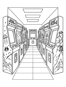 Classic video game cabinets line a hallway in this vibrant the 80s coloring page.