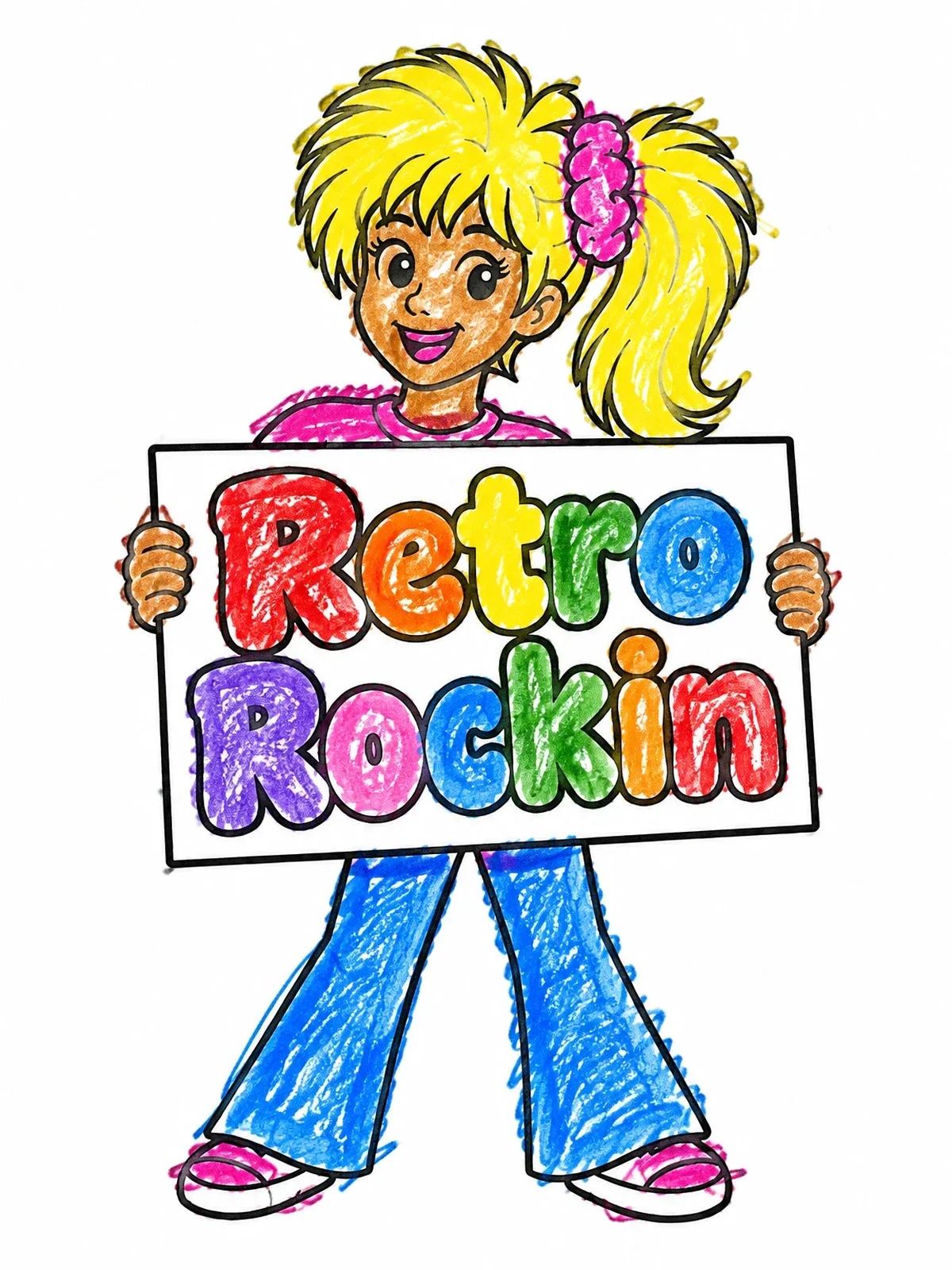 Colored example of the Retro Eighties Girl Holding Sign coloring page