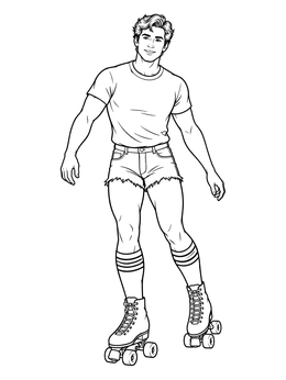 A smiling young man in cutoff shorts rollerskating in the 80s coloring page.