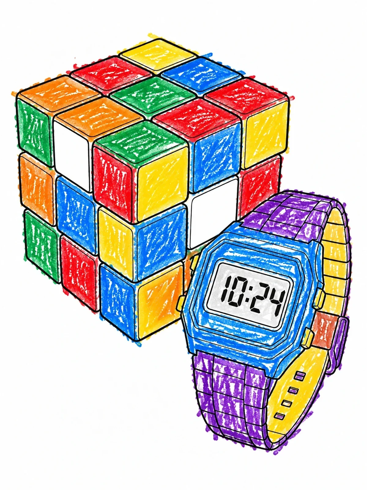 Colored example of the Retro Puzzle Cube And Digital Wristwatch coloring page