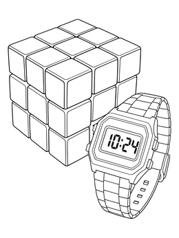 A classic puzzle cube and digital watch on this retro the 80s coloring page.