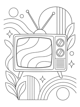 A vintage cathode ray tube set in this the 80s coloring page with retro patterns.