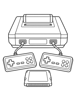 Classic video game console and controllers in the 80s coloring page.