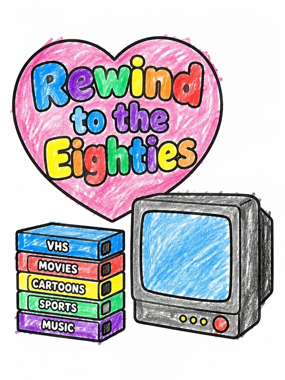 Colored example of the Rewind To The Eighties Television And Tapes coloring page