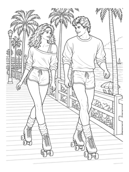 A smiling couple roller skating by palm trees in the 80s coloring page.