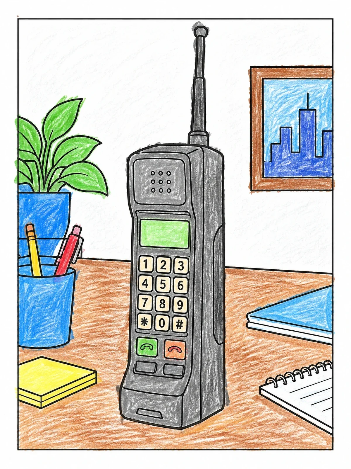 Colored example of the Vintage Eighties Brick Mobile Phone coloring page