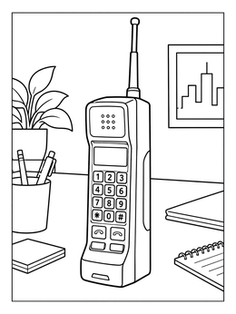 Classic desk scene with a retro phone in the 80s coloring page.