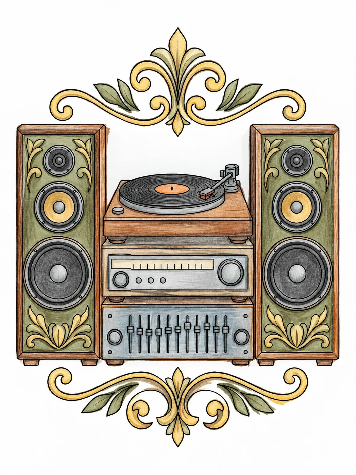 Colored example of the Vintage Stereo System With Speakers coloring page