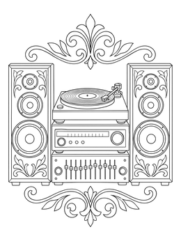A vintage hi-fi turntable setup in this classic the 80s coloring page with ornamental flourishes.
