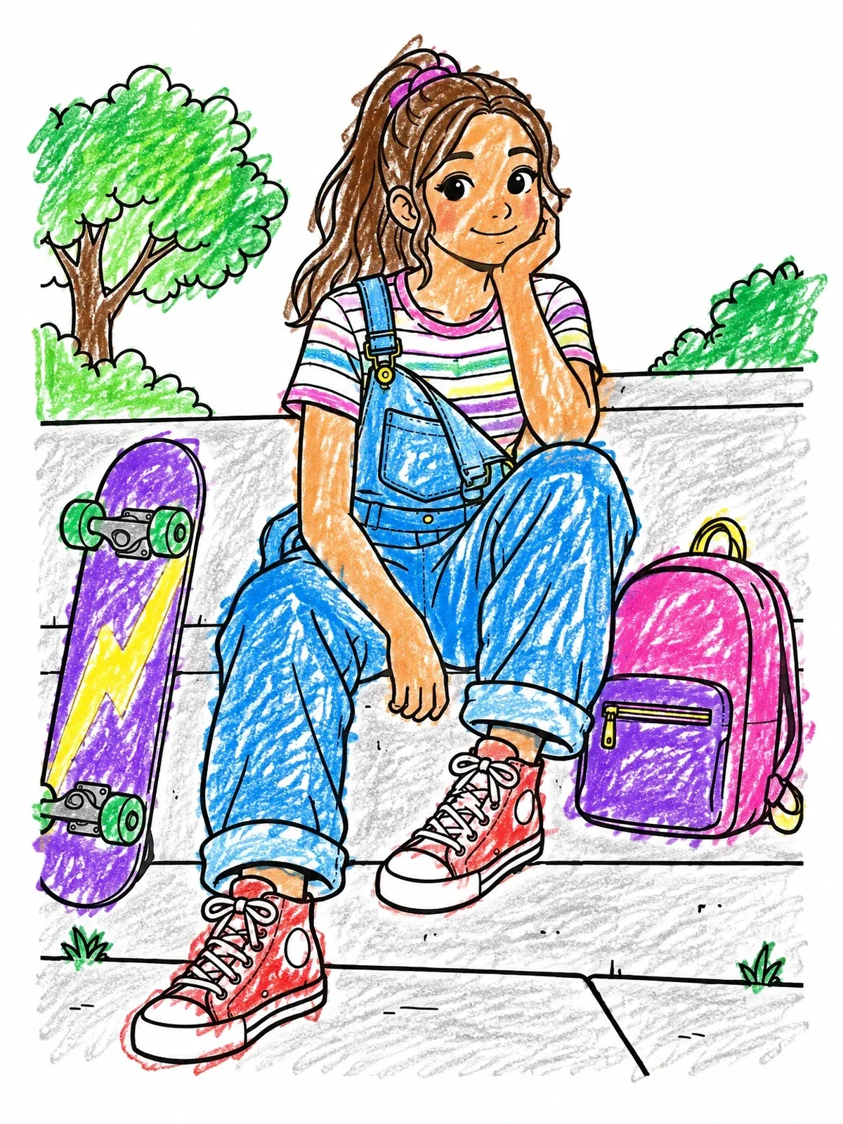 Colored example of the 90s Teen With Skateboard And Overalls coloring page