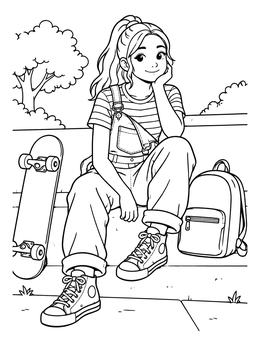 Free printable 90s Teen With Skateboard And Overalls coloring page