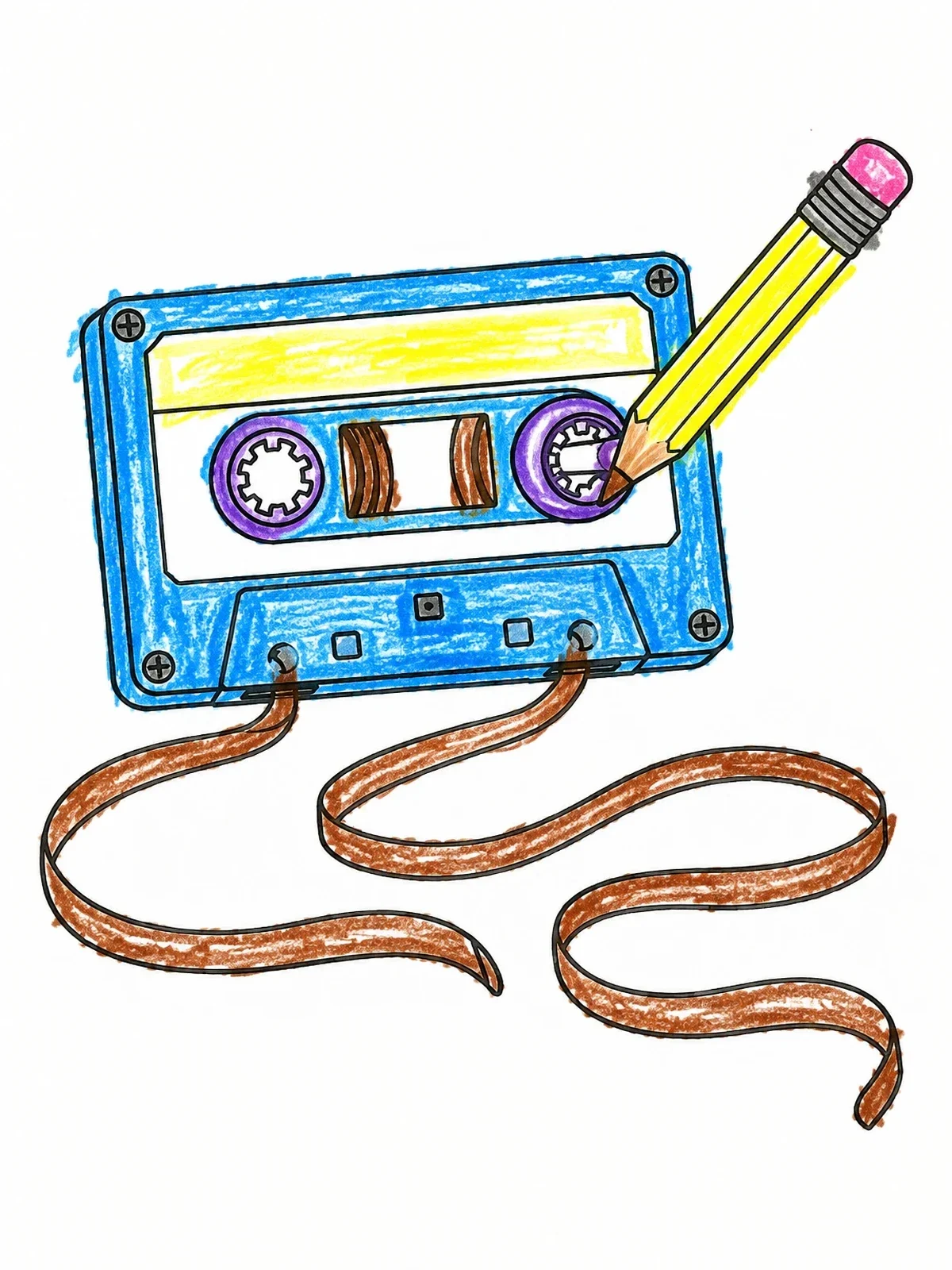 Colored example of the Cassette Tape Rewind With Pencil coloring page