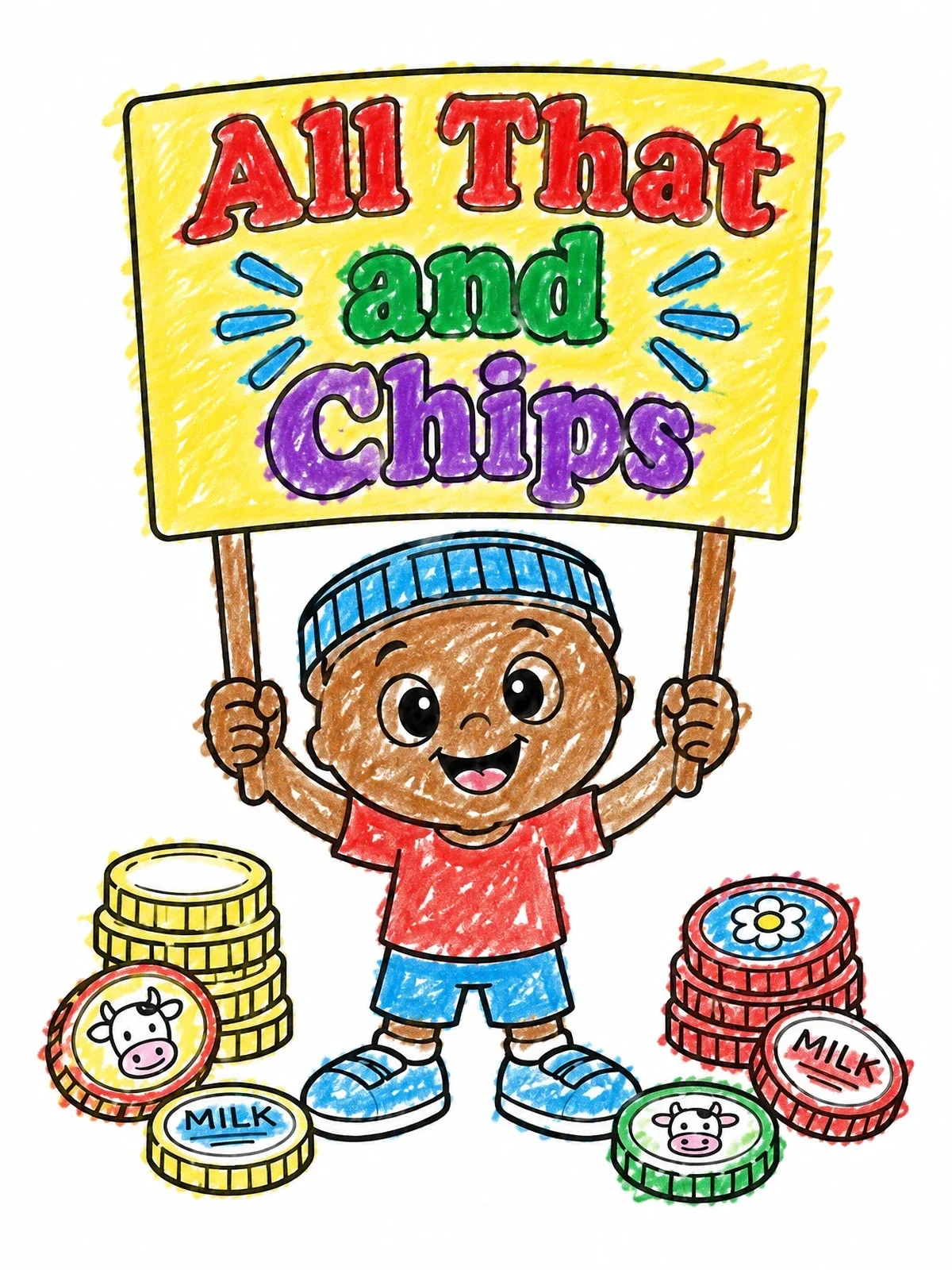 Colored example of the Child With Milk Caps And Sign coloring page