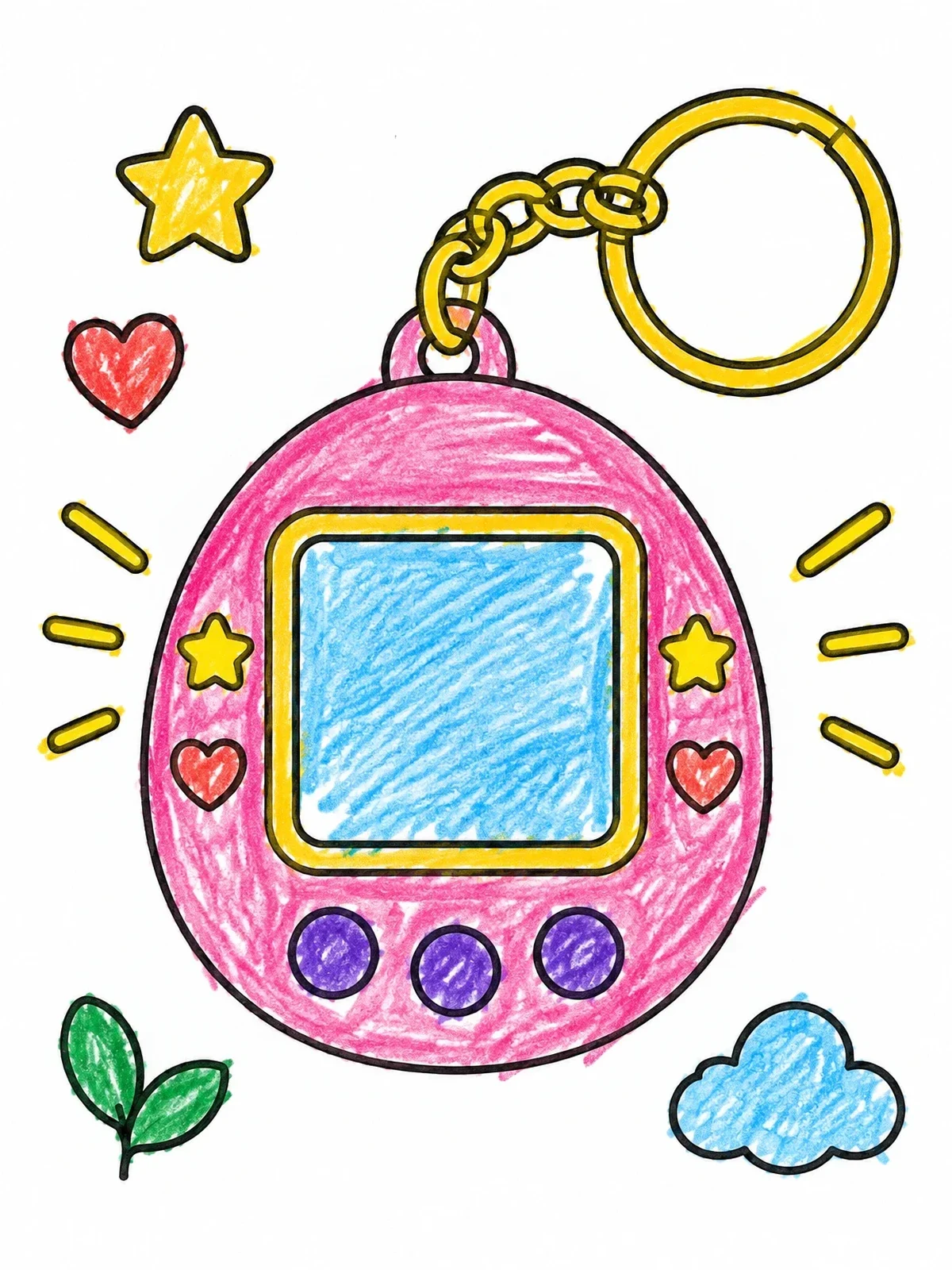 Colored example of the Cute Digital Pet Keychain coloring page