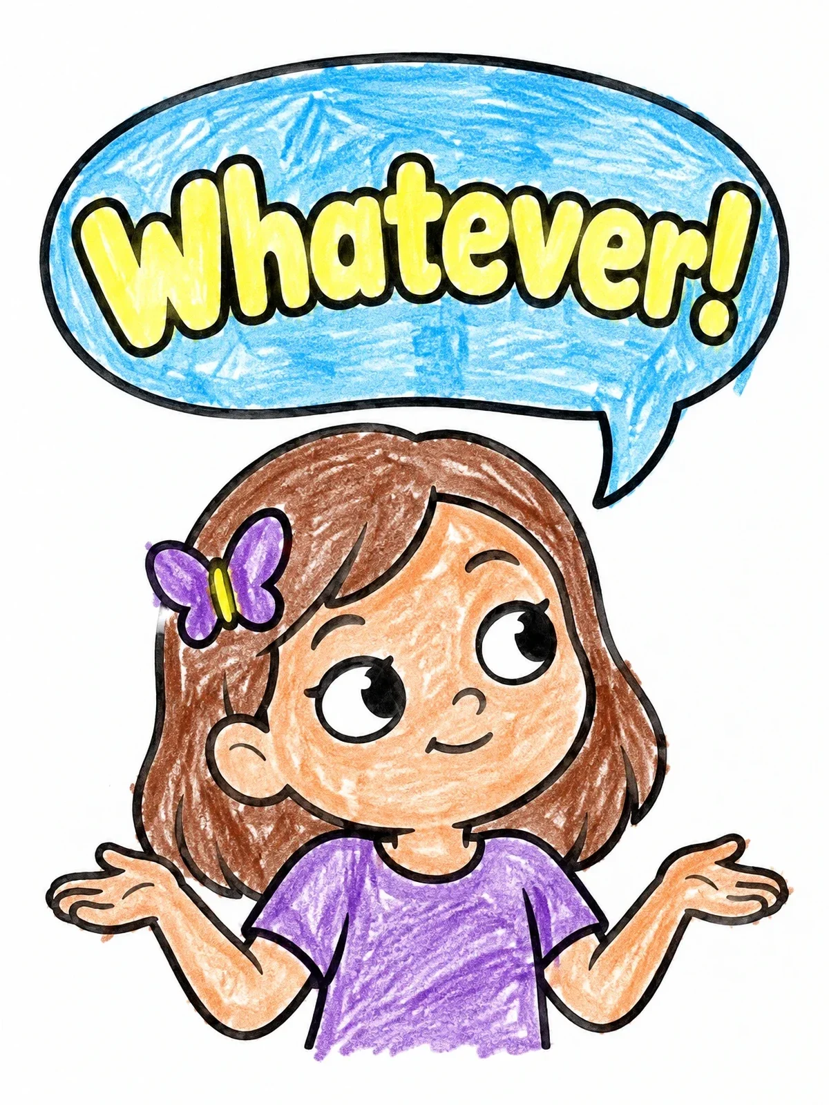 Colored example of the Girl With Butterfly Clip Saying Whatever coloring page