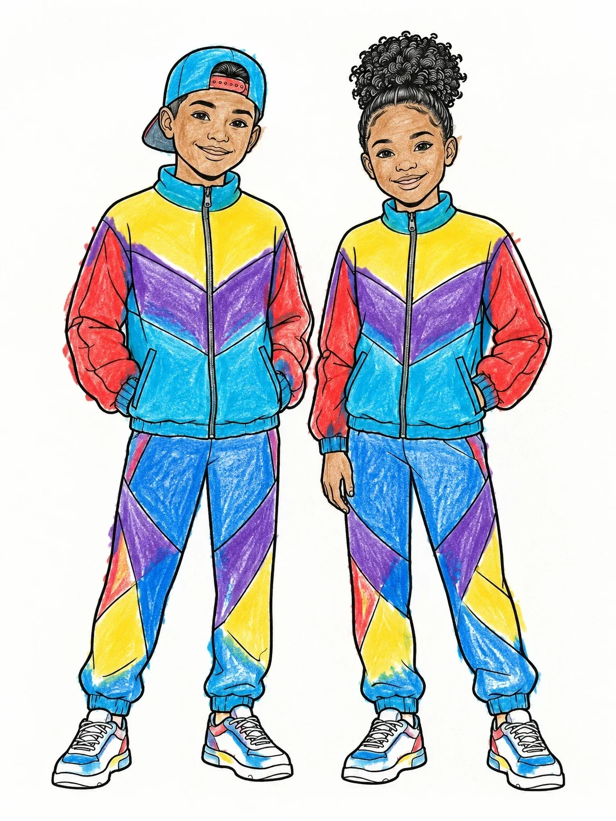 Colored example of the Kids In 1990s Retro Tracksuits coloring page