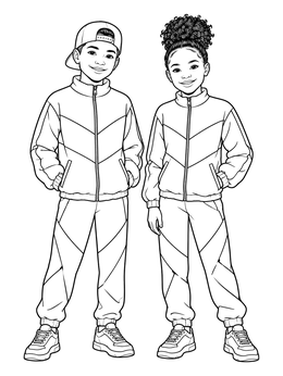 Two stylish kids in retro outfits on the 90s coloring page.