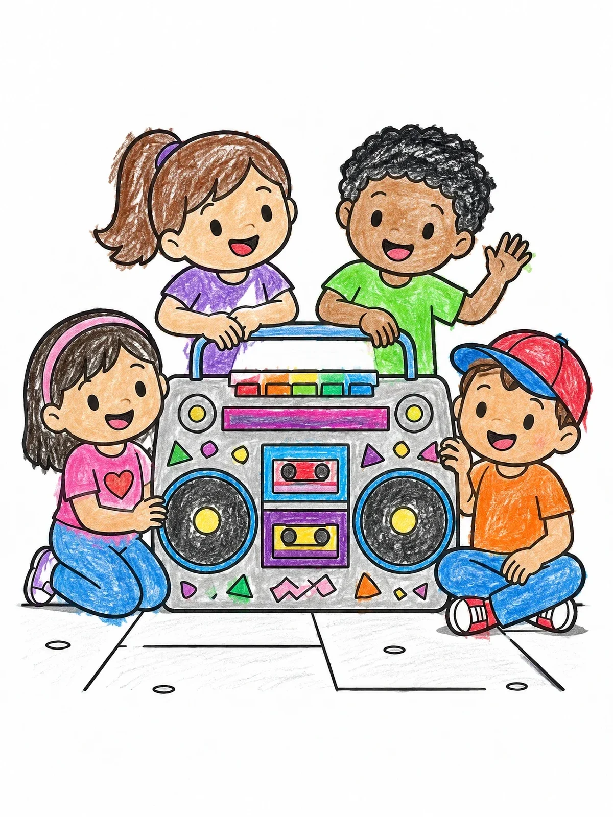 Colored example of the Kids Listening To Retro Boombox coloring page