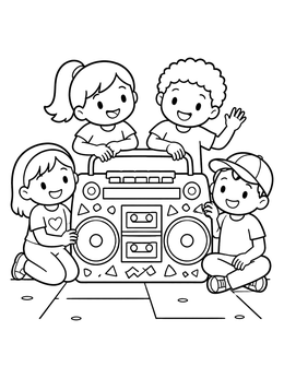 Happy children gathering around a retro boombox in the 90s coloring page.