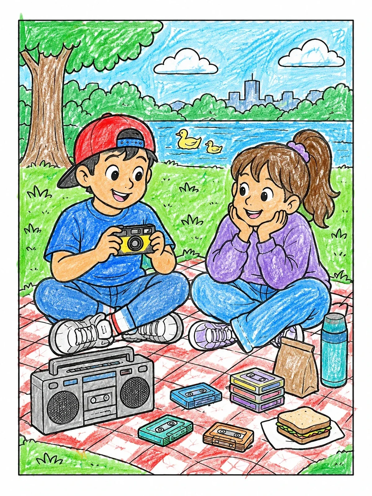 Colored example of the Nineties Kids Park Picnic coloring page