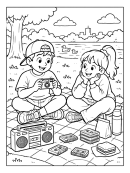 Free printable Nineties Kids Park Picnic coloring page