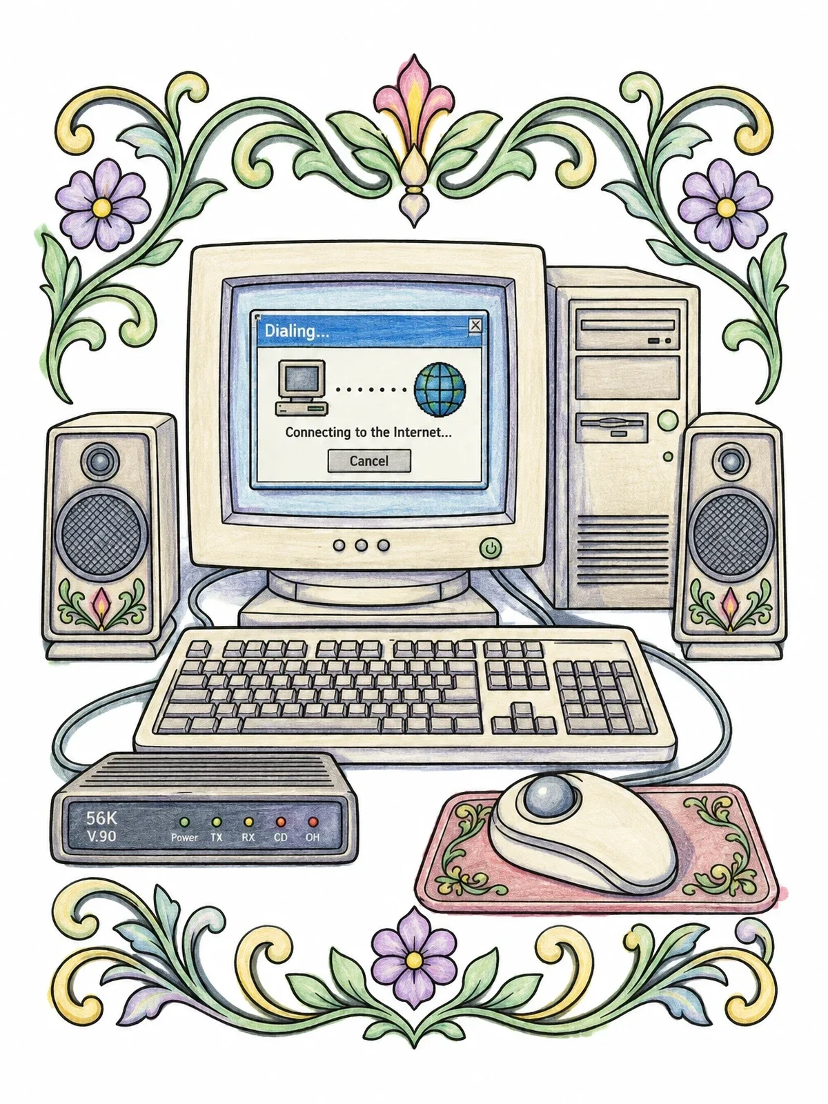 Colored example of the Retro 90s Dial Up Computer Setup coloring page