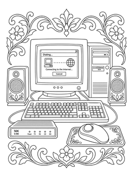 A vintage desktop computer dialing online in this detailed the 90s coloring page.