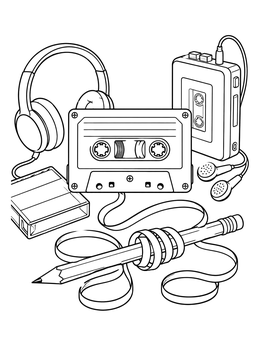 A vintage tape unwound around a pencil in this 90s coloring page with headphones and a player.