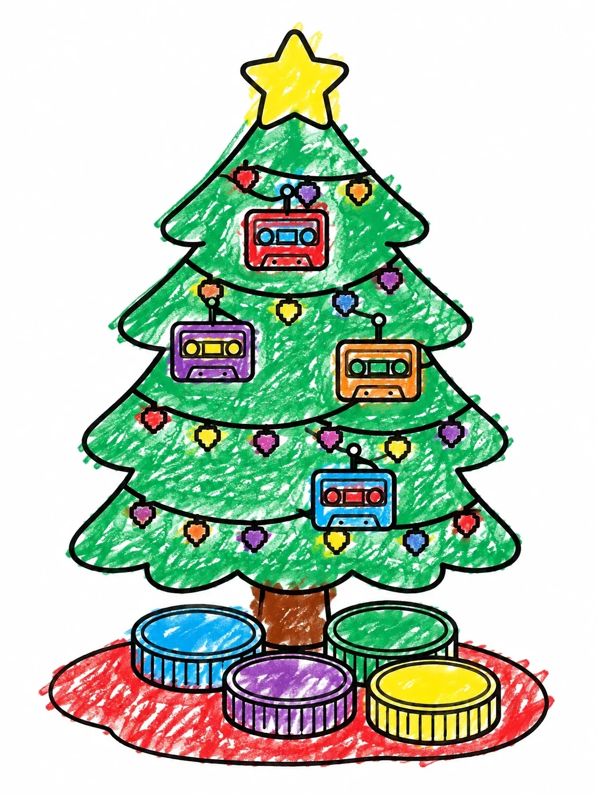 Colored example of the Retro Christmas Tree With Cassettes coloring page
