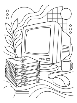 Vintage desktop computer and stack of floppy disks in the 90s coloring page.