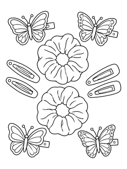 Butterfly clips, scrunchies, and snap clips in the 90s coloring page format.