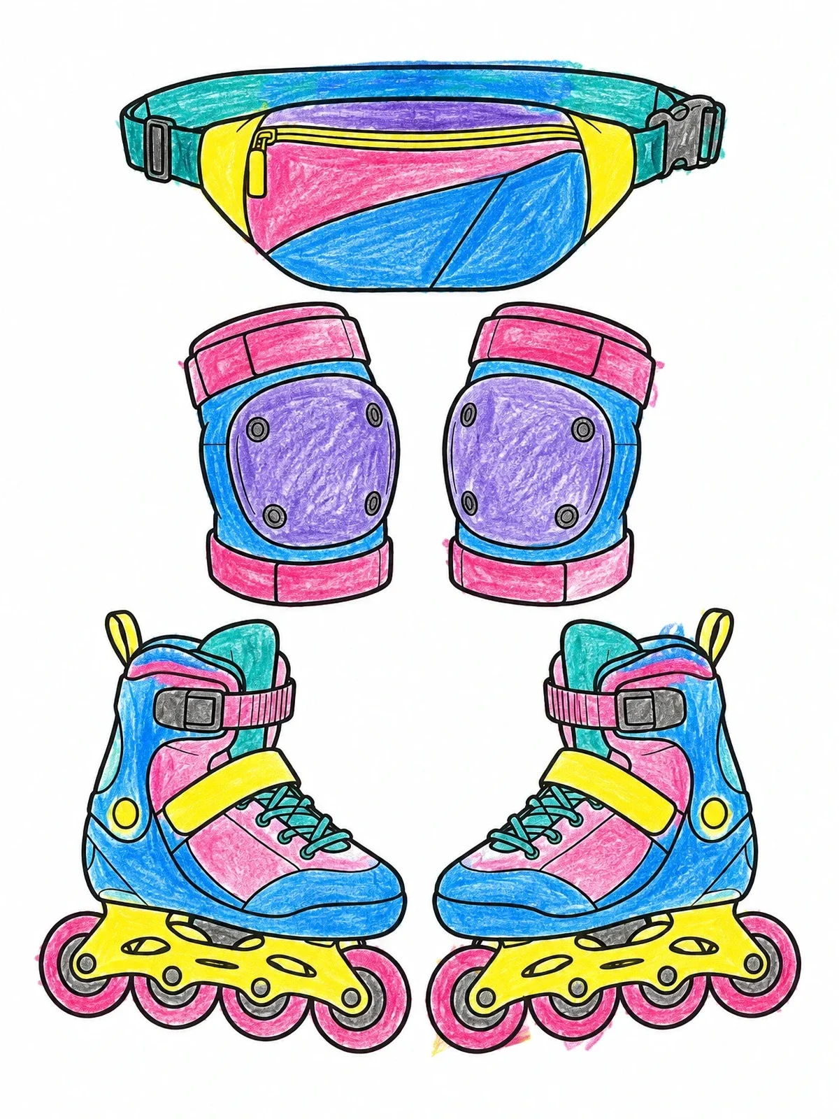 Colored example of the Retro Inline Skates And Gear coloring page