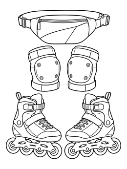 Inline skates, knee pads, and waist bag in the 90s coloring page style.