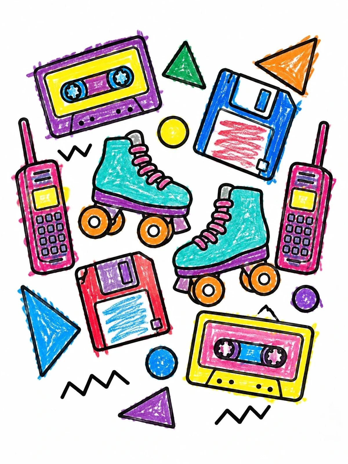 Colored example of the Retro Nineties Pattern And Gadgets coloring page