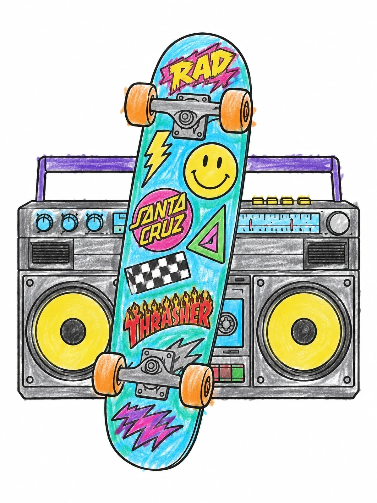 Colored example of the Retro Skateboard Deck And Boombox coloring page