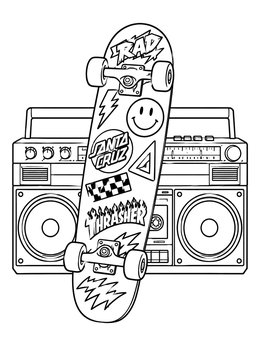 A retro skateboard decorated with stickers leans on a classic cassette boombox in this the 90s coloring page.