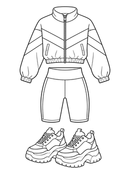 A retro windbreaker jacket, bike shorts, and chunky sneakers appear in this the 90s coloring page.
