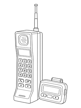 A retro cell phone and beeper appear in the 90s coloring page.