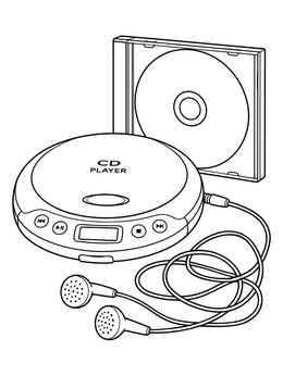 A retro portable disc player with wired earphones and disc case in the 90s coloring page.