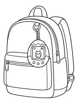 An egg-shaped electronic pet toy hangs from a school bag in this the 90s coloring page.