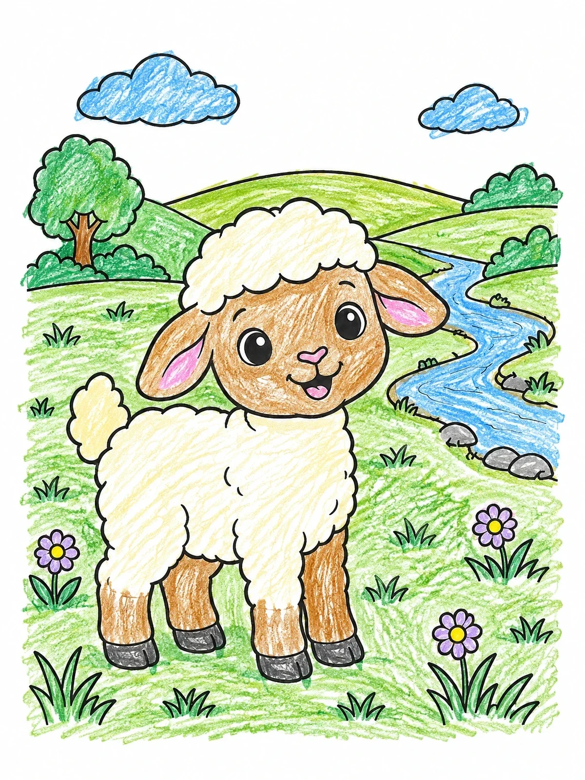 Colored example of the Cute Lamb By The Stream coloring page