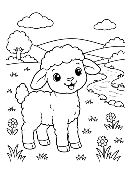 Free printable Cute Lamb By The Stream coloring page