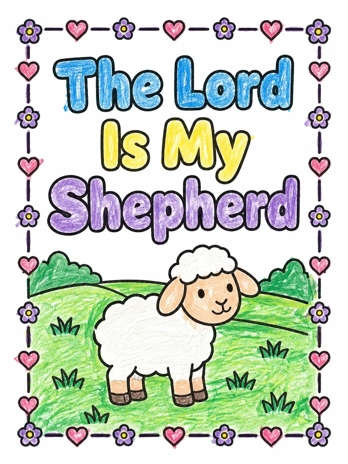 Colored example of the Cute Lamb And Psalm Verse coloring page