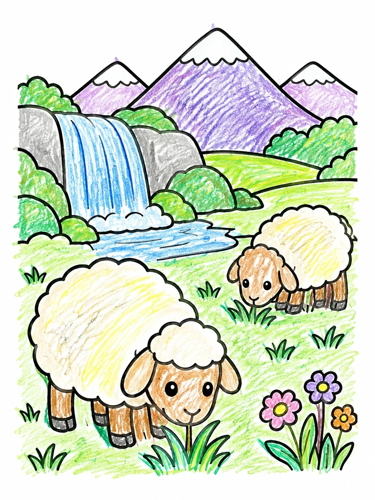 Colored example of the Cute Sheep By A Gentle Waterfall coloring page