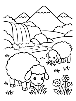 Free printable Cute Sheep By A Gentle Waterfall coloring page