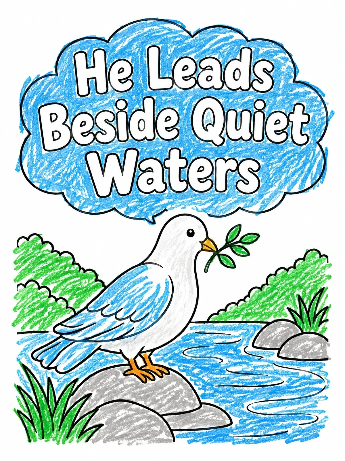 Colored example of the Dove Beside Quiet Waters coloring page
