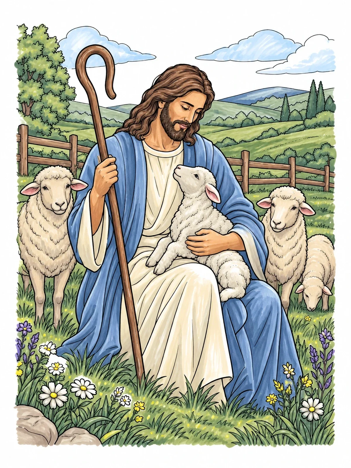 Colored example of the The Good Shepherd In The Meadow coloring page